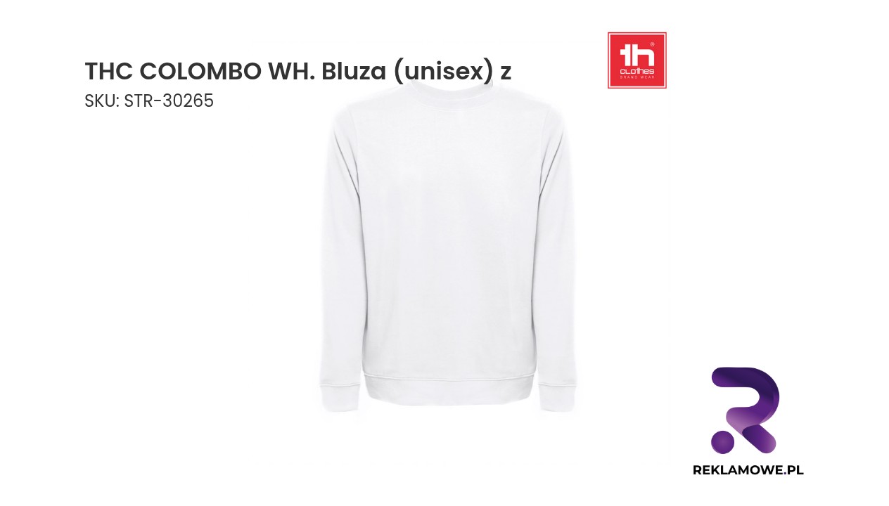 THC COLOMBO WH. Bluza (unisex) z włoskiej frotte bez zapięcia. Kolor biały THC COLOMBO WH. bluza unisex z
